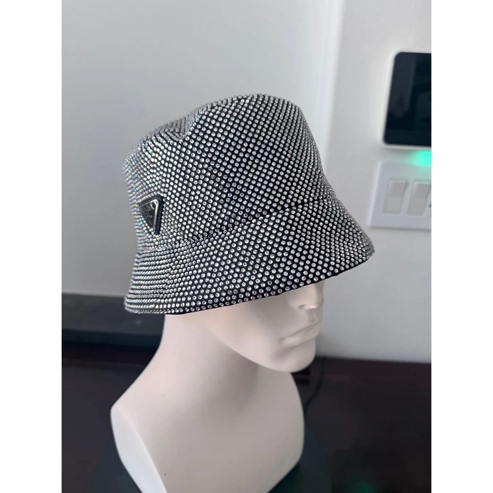 Prada Crystal Re-Nylon Bucket Hat Silver Black 1HC137 2CLA F0T70 Size S NEW - Picture 3 of 9